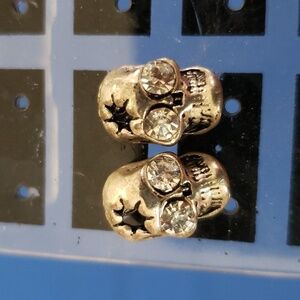 Skeleton skull earrings, rhinestone eyes, silver post back earrings, costume